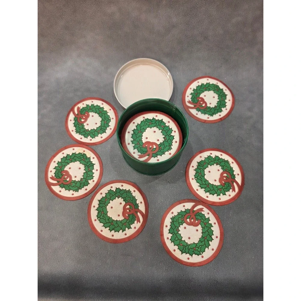 Vintage 1987 Lillian Vernon Christmas Wreath Paper Coasters 40ct in Metal Tin